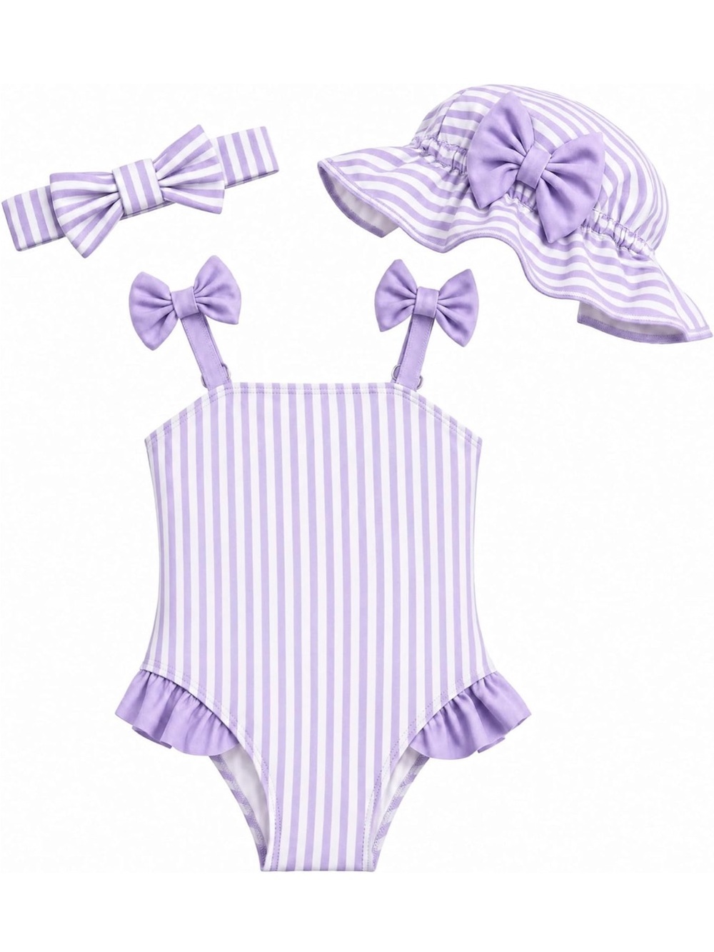 Purple Striped Baby Girl Swimsuit Set with Headband and Hat 3-6 months